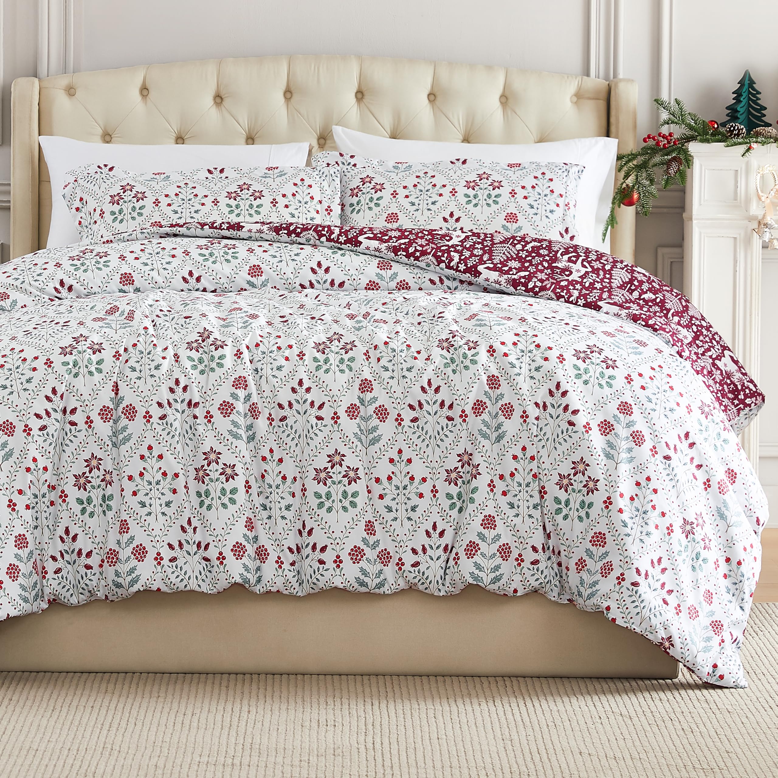 Southshore Fine Living, Inc. Full/Queen Size Christmas Comforter Set With 2 Pillow Shams, Reversible Red Holiday Bedspread With
